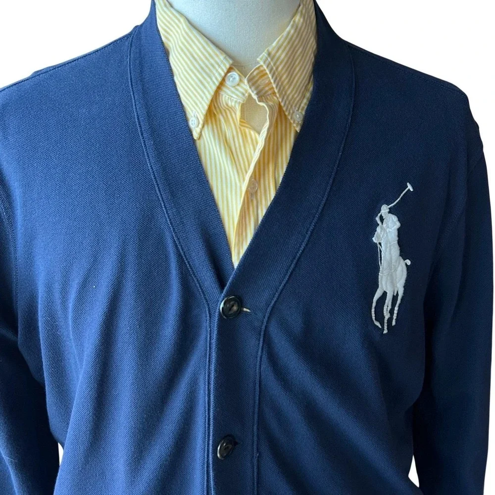 90s Polo Ralph Lauren Mens Large Navy Blue Big Pony Cotton Pique Cardigan Jersey